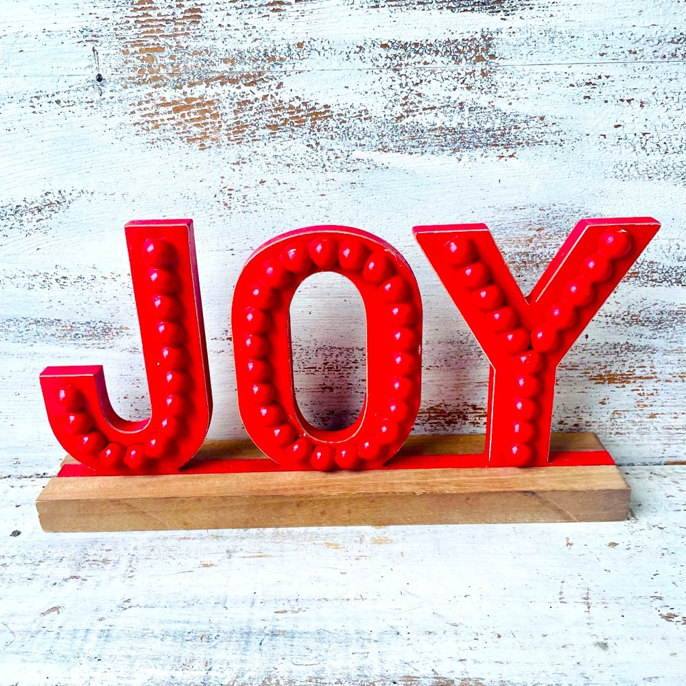 *Distressed Beaded Wooden Joy Sign on Base